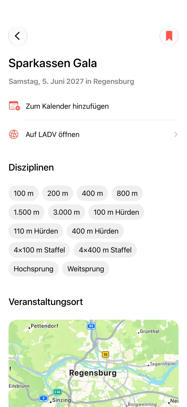 Wettkampfdetails der Sparkassen Gala in Athlety mit Disziplinen und Veranstaltungsort